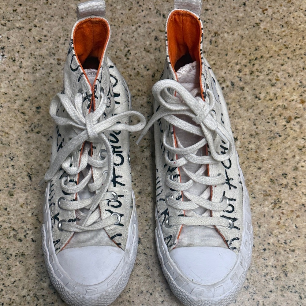 Not a Chuck WhiteConverse High-Top Sneakers w Black text Orange Lining Kids 5